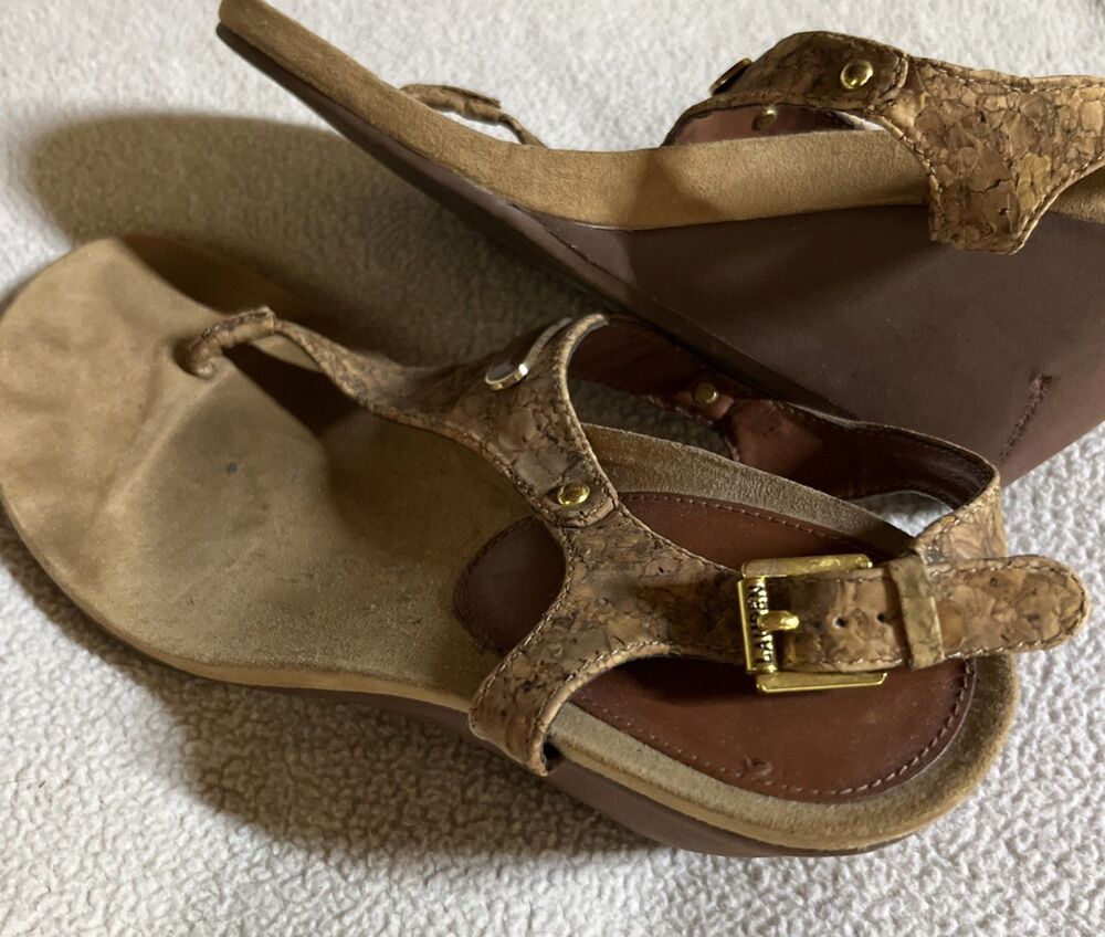Lauren Ralph Lauren Sandals Women's 6 Tan Wedge Sandals Cork Strap Thong Slides - Picture 5 of 7